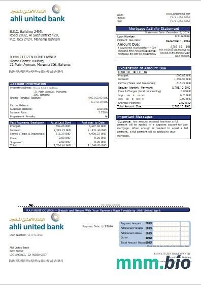 Bahrajn Bank Ahli United wyciąg z kredytu hipotecznego szablon Word i PDF